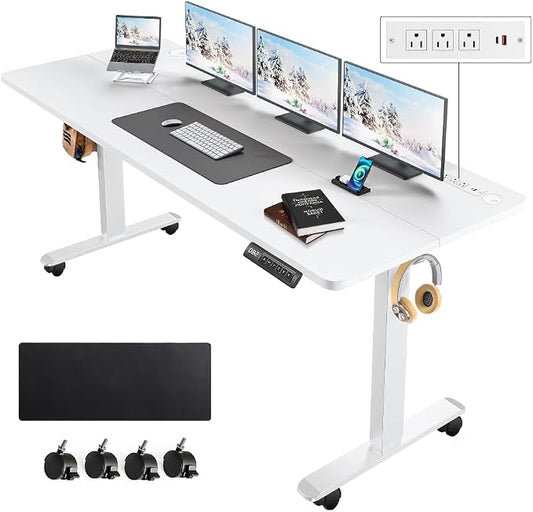 Electric Standing Desk with Power Outlets and USB-C Port, 63 x 24 Inches Adjustable Height Sit Stand Up Desk for Home Office, Adjustable Desk with Memory Preset and Wheels, White