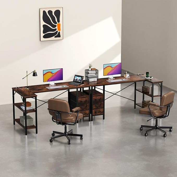 Simple Deluxe L Shaped Gaming Desk with Power Outlets, 55 Inch Computer Desk with 3 Drawers, Shelves, Corner Computer Desk for Gaming, Corner Work, Home Office, Study, Rustic Brown