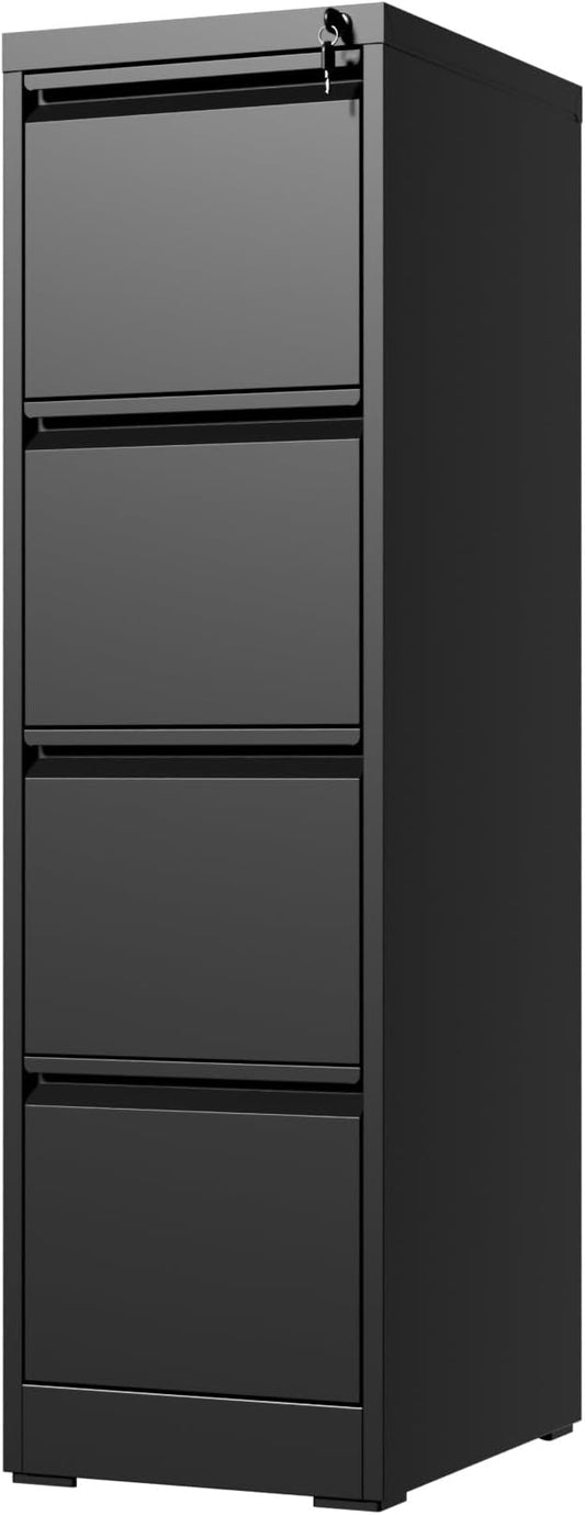 4 Drawer File Cabinet with Lock, Vertical Filing Cabinets for Home Office, Locking File Cabinet Hanging Files for A4/ Legal/Letter, Require Assembly, Black