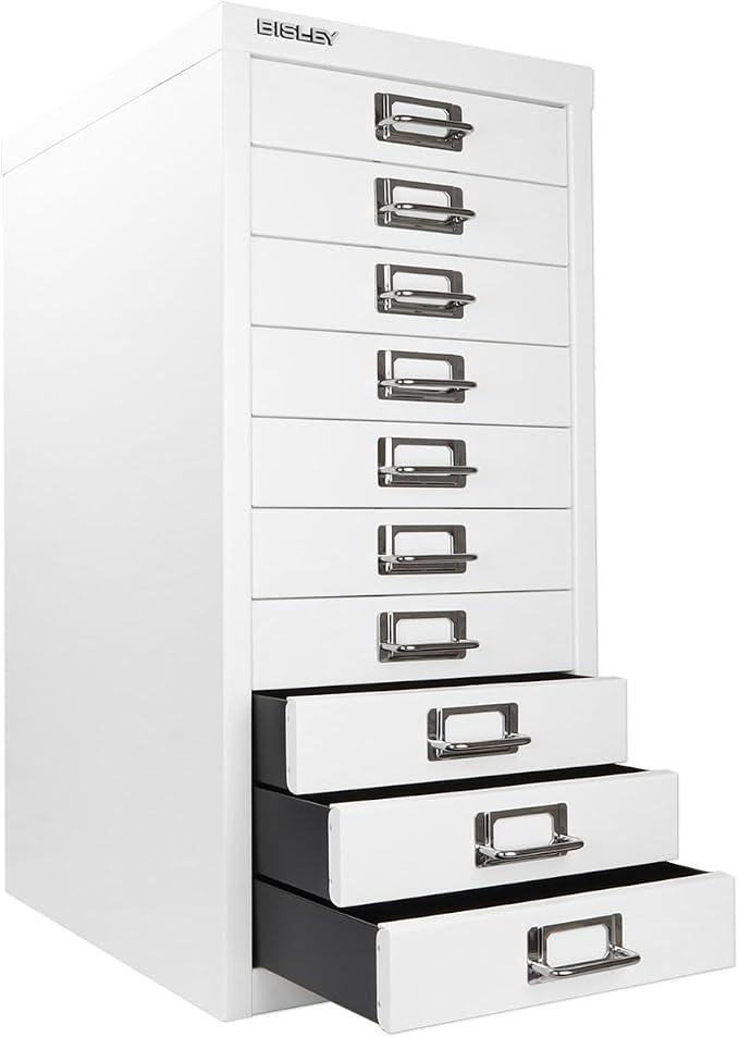 Bisley 10-Drawer Steel MultiDrawer Cabinet - Traffic White | Chrome Pull Handles with Label Holders, Powder-Coated Steel, Removable Drawers, Fits Under Most Desks, Labels Included