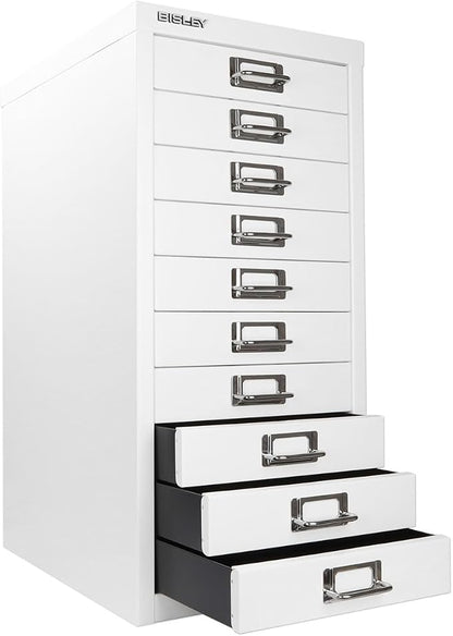 Bisley 10-Drawer Steel MultiDrawer Cabinet - Traffic White | Chrome Pull Handles with Label Holders, Powder-Coated Steel, Removable Drawers, Fits Under Most Desks, Labels Included