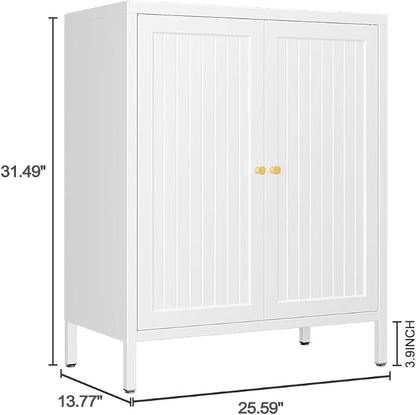 Metal Accent Storage Cabinet for Home, LivingRoom, Office,Kitchen- Metal Locker Cabinet with 1 Adjustable Shelves-Bathroom Floor Storage Cabinet Freestanding Organizer(Stripe Door, White)