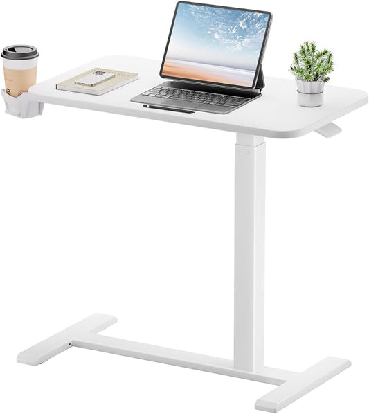 GTPLAYER Small Standing Desk with Hidden Wheels, Pneumatic Mobile Rolling Laptop Desk, Adjustable Height Overbed Bedside Table Computer Workstation for Home Office (28" W x 16" D, White)