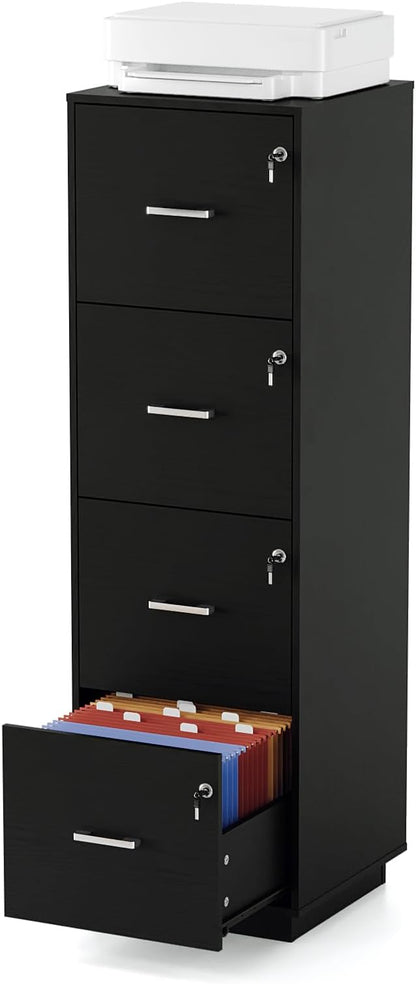 VINGLI 4 Drawer File Cabinet with Lock, Home Office Filing Organizer, for Letter Size File Folder Storage, Wood Tall Vertical Filing Cabinet, Printer Stand, Archivador (Black)