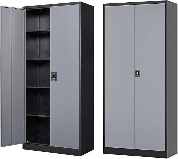 Fesbos 71” Tall Metal Storage Cabinet- Steel File Cabinets with Lockable Doors and Adjustable Shelves-Black&Gray Steel Storage Cabinet for Home,Kitchen, School, Office, Garage