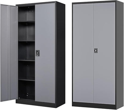 Fesbos 71” Tall Metal Storage Cabinet- Steel File Cabinets with Lockable Doors and Adjustable Shelves-Black&Gray Steel Storage Cabinet for Home,Kitchen, School, Office, Garage