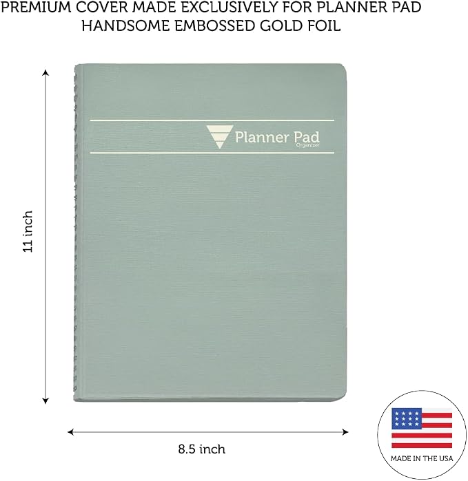 Planner Pad Spiral Bound January-December 2026/ Calendar Year 8 1/2" x 11" Large 3-Tier Funnel Down 12 Month Organizer, Greenish Grey Cover/Soft Green Ink