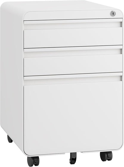 Dripex 3 Drawer White File Cabinet, Mobile Under Desk Storage File Cabinet with Lock on Wheels, Letter/Legal Size,Fully Assembled, Small Short Vertical Metal Rolling Filing Cabinets for Home Office