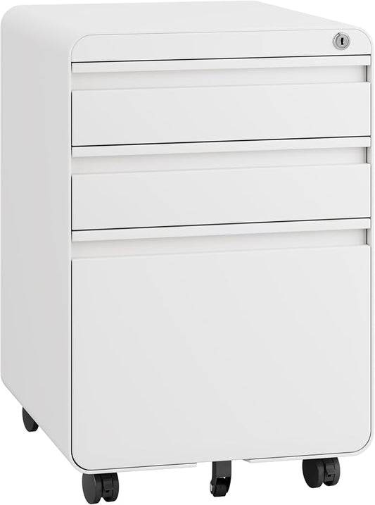 Dripex 3 Drawer White File Cabinet, Mobile Under Desk Storage File Cabinet with Lock on Wheels, Letter/Legal Size,Fully Assembled, Small Short Vertical Metal Rolling Filing Cabinets for Home Office