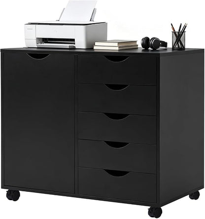 SweetGO 5 Drawer Wood File Cabinet with Wheels, Large Storage Printer Stand for Home Office, Rolling Cabinet Organizer with Reinforced Structure (Black)