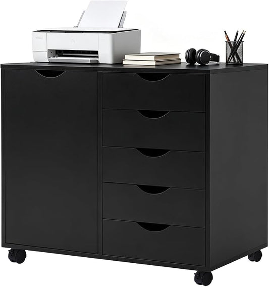 SweetGO 5 Drawer Wood File Cabinet with Wheels, Large Storage Printer Stand for Home Office, Rolling Cabinet Organizer with Reinforced Structure (Black)
