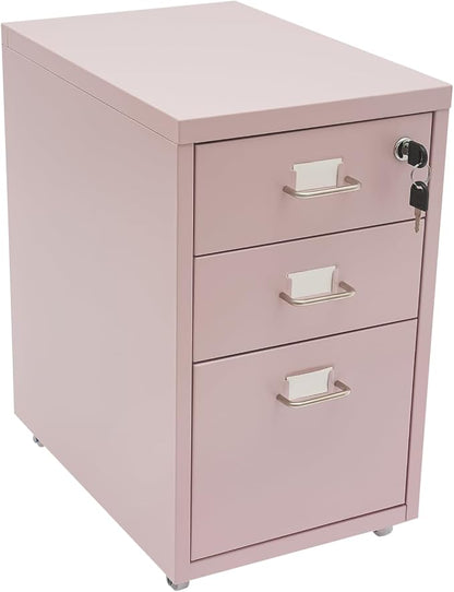 3-Drawer Vertical File Cabinet, 11*16*18.3in Rolling File Cabinet, Mobile Organizer Storage Cabinet with Lock, Office Filing Storage Cabinet Under Desk fits A4 Size, for Home Office (Pink)