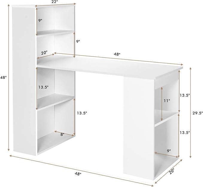 COSTWAY White Computer Desk with Shelves, 48” Study Writing Desk with 6-Tier Storage Shelves, Reversible Study Workstation w/Wide Base for Home, Office & Dorm, Easy Assembly