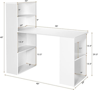 COSTWAY White Computer Desk with Shelves, 48” Study Writing Desk with 6-Tier Storage Shelves, Reversible Study Workstation w/Wide Base for Home, Office & Dorm, Easy Assembly