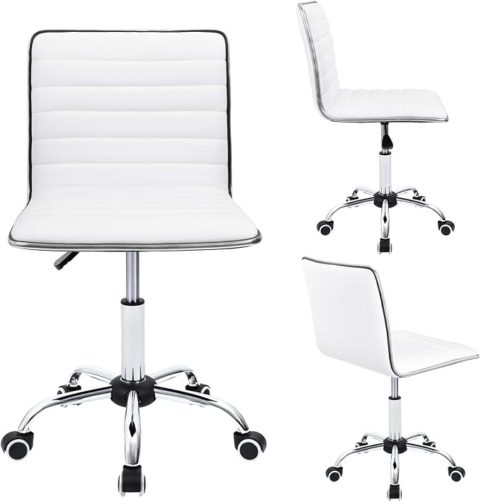 Furmax Vanity Office Desk Chair with Wheels, Armless Small Cute Leather Makeup Computer Task Chair Adjustable Height 360° Swivel (White)