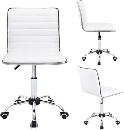 Furmax Vanity Office Desk Chair with Wheels, Armless Small Cute Leather Makeup Computer Task Chair Adjustable Height 360° Swivel (White)