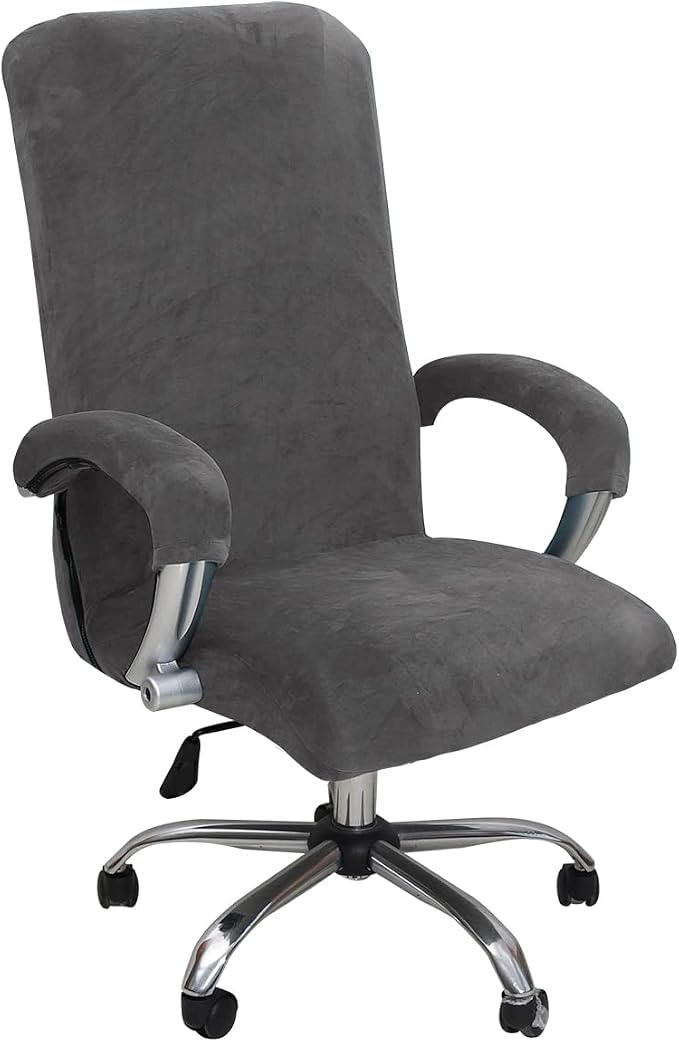 Velvet Plush Office Computer Chair Cover for Executive, Gray, XL | Stretchable, Ergonomic, Cat Proof Protector, For Mesh Chairs with Wheels & Armrests, Comfy Executive Rolling Chairs