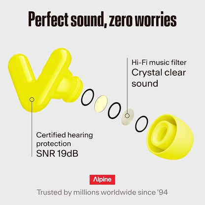 Alpine Tune Earplugs, Concert Ear Plugs for Noise Reduction, High Fidelity Music Quality, 19dB Hearing Protection with Crystal Clear Sound, Incl. 4 Sizes, For Parties, Raves, Festivals & Clubs, Yellow