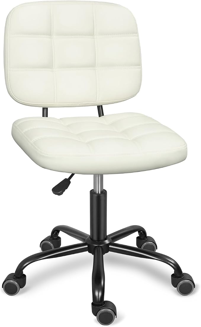 ERGOSEAT Armless Office Chair with Wheels, Small Desk Drafting Chair for Small Space, PU Leather Computer Task Chair, Height Adjustable Rolling Chair, Compact Chair for Home Office, Dorm, Vanity,White