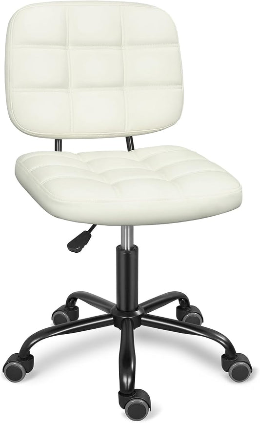 ERGOSEAT Armless Office Chair with Wheels, Small Desk Drafting Chair for Small Space, PU Leather Computer Task Chair, Height Adjustable Rolling Chair, Compact Chair for Home Office, Dorm, Vanity,White