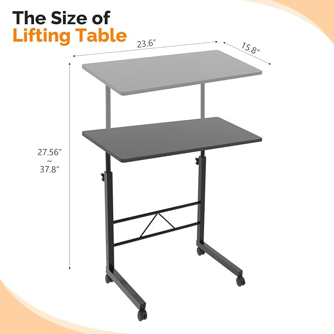 VINGLI Computer Workstation, Standing Desk Adjustable Height, Small Computer Desk w/Rolling, Sit Stand Laptop Desk TV Tray Computer Workstation for Bed Sofa Hospital Reading Eating, 23.6", Black