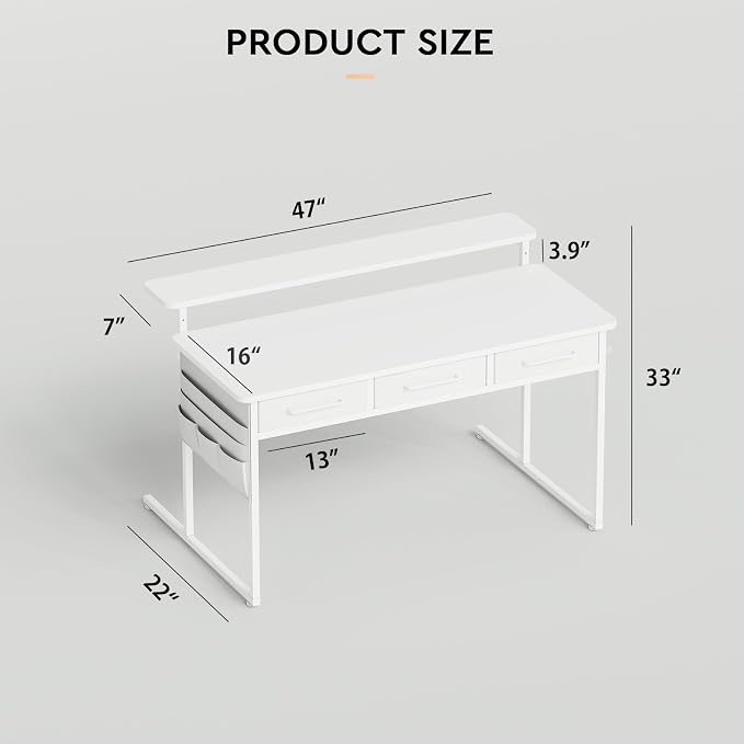 Maihail Computer Desk with Drawers, 47.2X15.8-22.9 Inches Office Computer Desk with Side Pocket & Ergonomic Monitor Stand, Writing Table for Small Spaces, Bedroom, White