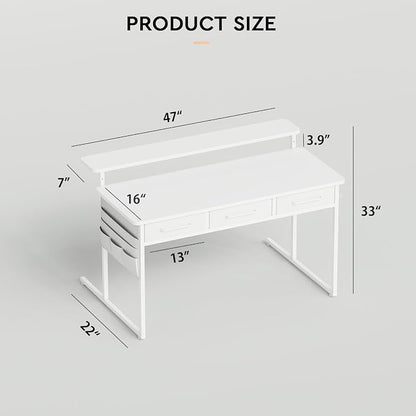 Maihail Computer Desk with Drawers, 47.2X15.8-22.9 Inches Office Computer Desk with Side Pocket & Ergonomic Monitor Stand, Writing Table for Small Spaces, Bedroom, White
