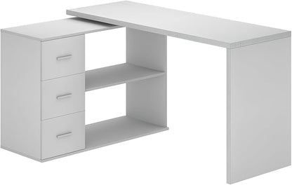 HSH White L-Shaped Computer Desk with 3 Drawers and 2 Shelves, Reversible Home Office Corner Desk for Writing Study Work Executive, 55 Inch Bedroom Wood Table Workstation Desk with Storage Cabinet