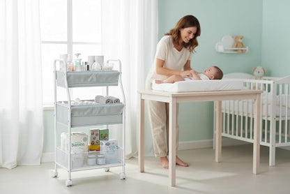 Moteph Rolling Utility Cart with Wheels, 3-Tier Diaper Cart, Rolling Nursery Cart & Baby Caddy Organizer for Nursery Essentials, Bedside/Postpartum Cart, Craft & Art Storage, Rolling Book Cart