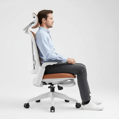 Sunaofe Boss Pro Leather Ergonomic Office Chair with Footrest - Executive Chair, 4D Armrests, Adaptive Lumbar, 125° Recline, 300lb Capacity, 5-Year Warranty White Frame/Dark Brown