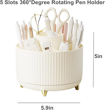 Desk Pencil Pen Holder 5 Slots 360°Degree Rotating Pen Organizers for Desk Desktop Storage Stationery Supplies Organizer Cute Cup Pot Kids Desk Organizer for Office Home School（Cream2）
