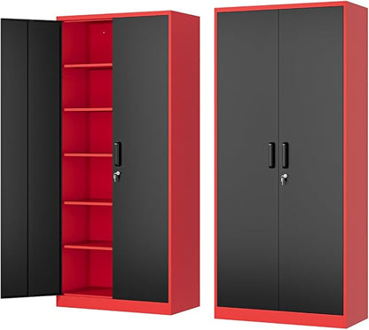 Fesbos Metal Storage Cabinet-72” Tall Steel File Cabinets with Lockable Doors and Adjustable Shelves-Black&Red Steel Storage Cabinet for Home, School, Office, Garage
