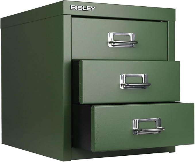 Bisley 3-Drawer Steel MultiDrawer Cabinet - Olive Green | Chrome Pull Handles with Label Holders, Powder-Coated Steel, Removable Drawers, Desktop Storage, Labels Included
