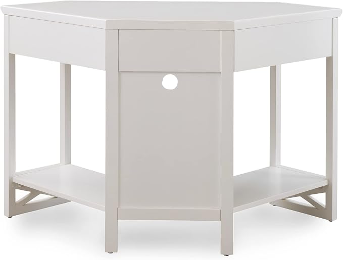 Leick Home Sage Corner Office Desk, Solid Wood, with Drop Front Keyboard Drawer, White, 85430