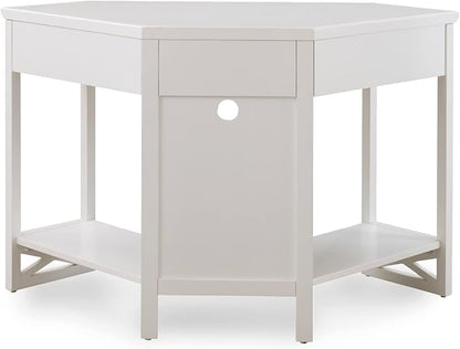 Leick Home Sage Corner Office Desk, Solid Wood, with Drop Front Keyboard Drawer, White, 85430