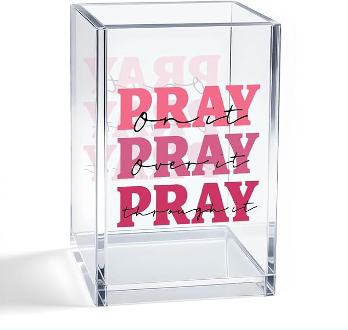 Pray On It Pray Over It Acrylic Organizer Pencil Pen Holder, Christian Desk Organizer Gifts for Women Friend Coworker, Religious Inspirational Office Desk Decor, Pink Faith Pencil Holder