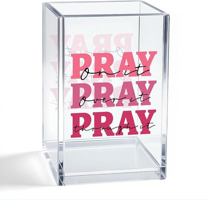 Pray On It Pray Over It Acrylic Organizer Pencil Pen Holder, Christian Desk Organizer Gifts for Women Friend Coworker, Religious Inspirational Office Desk Decor, Pink Faith Pencil Holder