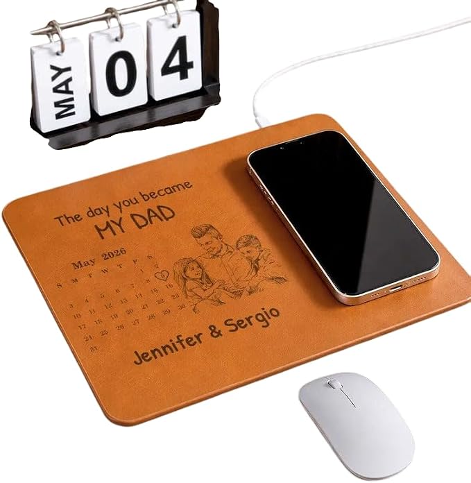 Personalized Leather Charging Mat, Custom Photo Sketch Calendar The Day You Became My Daddy Wireless Charging Desk Mat, Dad Gift, Fathers Day Gift for Dad, Papa, Grandpa, Daddy 7