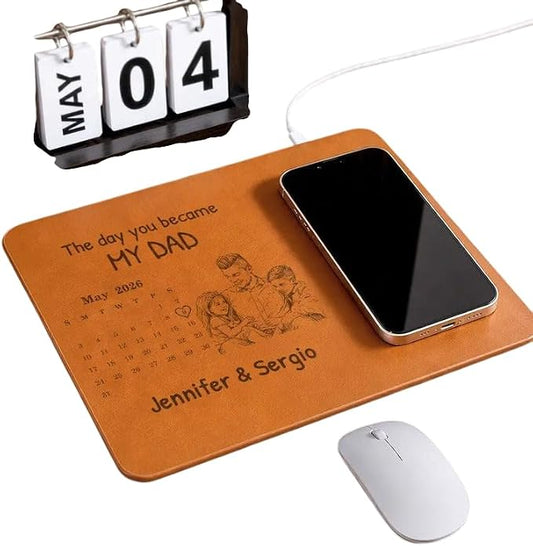 Personalized Leather Charging Mat, Custom Photo Sketch Calendar The Day You Became My Daddy Wireless Charging Desk Mat, Dad Gift, Fathers Day Gift for Dad, Papa, Grandpa, Daddy 7