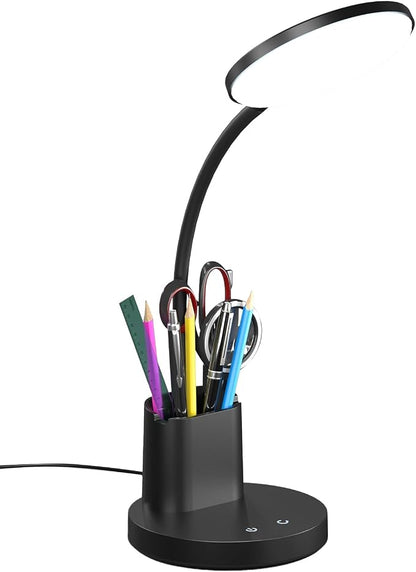 Desk Lamp, LED Desk Lamps for Home Office, Touch Table Lamp with 3 Color Modes 360° Adjustable Arm, Dimmable Desk Light with Pen Phone Holder for College Dorm, Black
