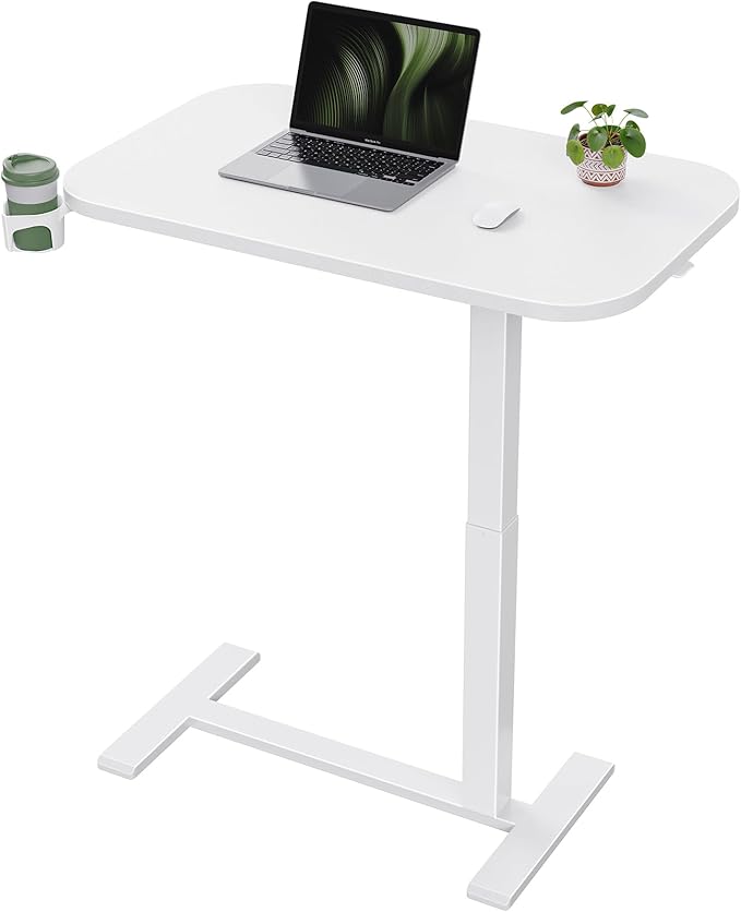 Marsail 32×16″ Overbed Table with Hidden Wheels, Pneumatic Adjustable Bedside Table, Mobile Rolling Table with 360° Hideable Cup Holder, White