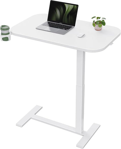 Marsail 32×16″ Overbed Table with Hidden Wheels, Pneumatic Adjustable Bedside Table, Mobile Rolling Table with 360° Hideable Cup Holder, White