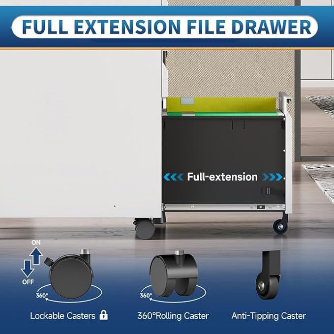 File Cabinet for Home Office,3 Drawers Mobile File Cabinets Rolling,Under Desk Metal Filing Cabinet, Small Mobile File Storage Cabinets for Legal/Letter/A4 -White/Assembly Required