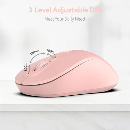 Wireless Mouse, 2026 New Model, Silent Click Ergonomic Design, Portable, 4 Buttons, Adjustable DPI (800/1200/1600), for Laptop/PC/Office (Pink)