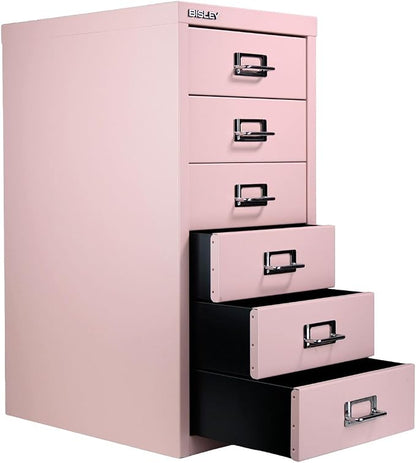 Bisley 6-Drawer Steel MultiDrawer Cabinet - Palest Pink | Chrome Pull Handles with Label Holders, Powder-Coated Steel, Removable Drawers, Fits Under Most Desks, Labels Included