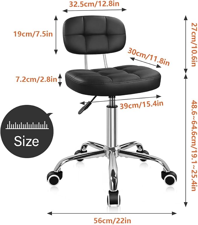 KKTONER Black Home Office Chair Leather Rolling Stool with Swivel Wheels with Backrest Height Adjustable for Home Office Computer Desk SPA