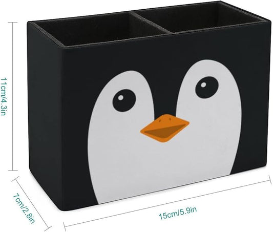 Niapessel Pencil Holder for Desk, Cute Penguin Face Pen Holder Storage Desktop Pen Organizer Desk Pencil Organizer Makeup Brush Holder for Office School College Leather