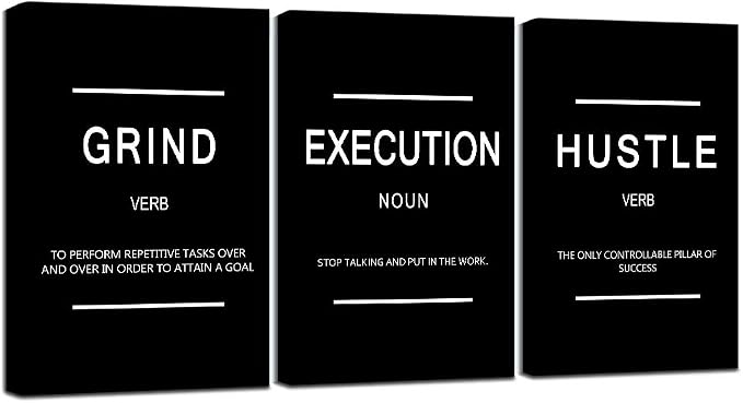 Framed Canvas Wall Art Success Quote, Office Wall Art, Black Large Poster, Positive Motivational Set of 3 Prints, Execute Failure Definition, Inspirational Print (B-3pcs,16x24inchx3pcs)