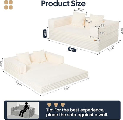 COMAX Futon Sofa Bed, 4‑in‑1 Convertible Sofa Bed, Folding Boneless Couches | Boneless Couch for living room, Fold Out Small Foldable Loveseat Floor Sleeper Mattress Lounge Space‑Saving, Light Beige