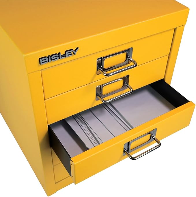 Bisley 5-Drawer Steel MultiDrawer Cabinet - Golden Sunflower Yellow | Chrome Pull Handles with Label Holders, Powder-Coated Steel, Removable Drawers, Desktop Storage, Labels Included